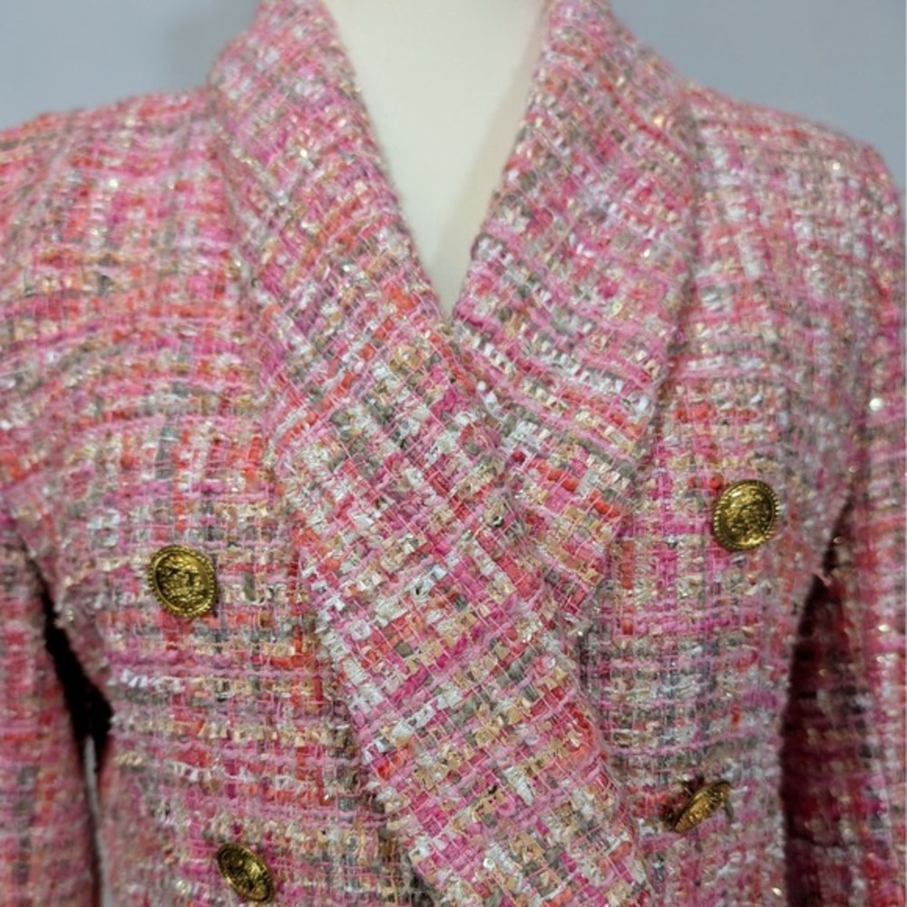Aqua Pink Gold Tweed Double Breasted Blazer Jacket Size XS - Picture 2 of 16